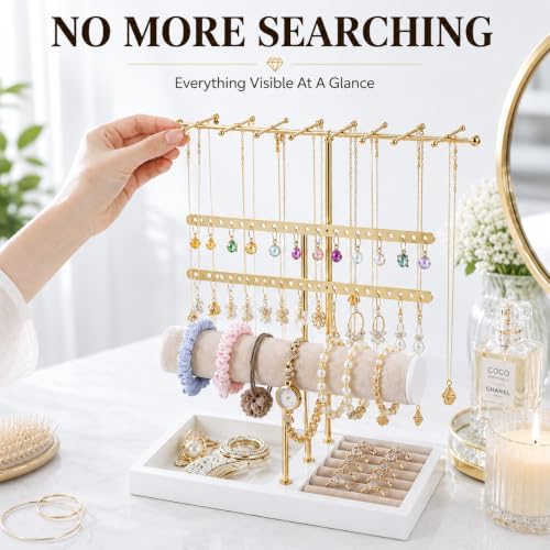Jewelry Holder Stand with Velvet Tray, 3-Tier Gold Metal Organizer for