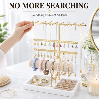 Jewelry Holder Stand with Velvet Tray, 3-Tier Gold Metal Organizer for