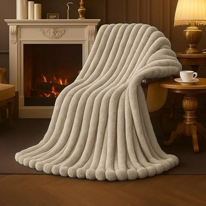 Amélie Home Soft Striped Faux Fur Throw Blanket for Couch, Beige