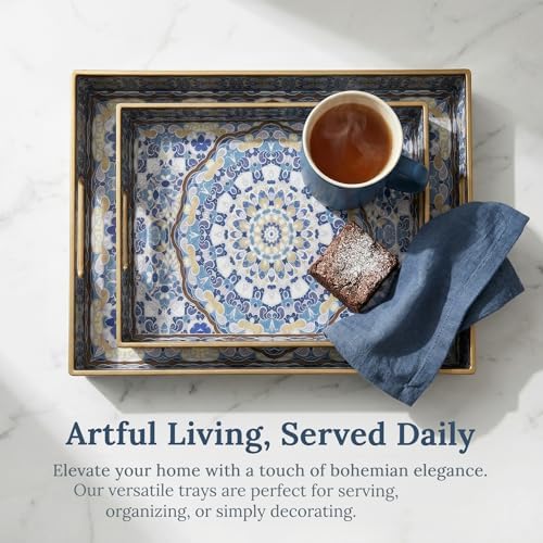 Boho Decorative Tray, Modern Blue Serving Tray with Handles, Ottoman
