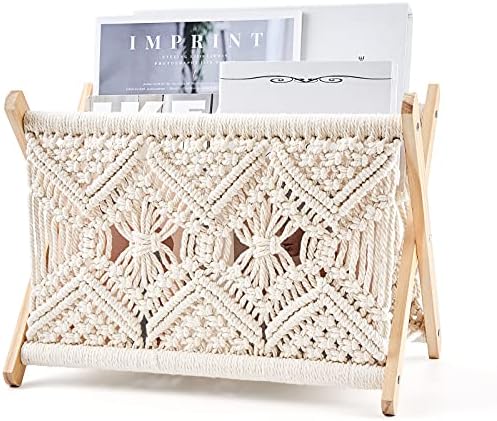 Mkono Macrame Magazine Holder, Boho Woven Book Rack Basket, 14" L x
