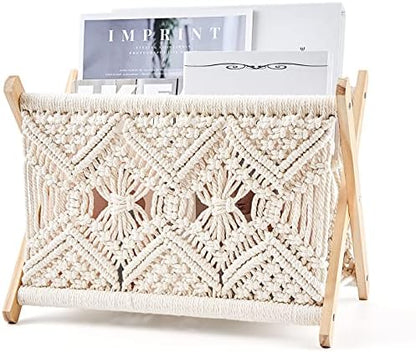 Mkono Macrame Magazine Holder, Boho Woven Book Rack Basket, 14" L x