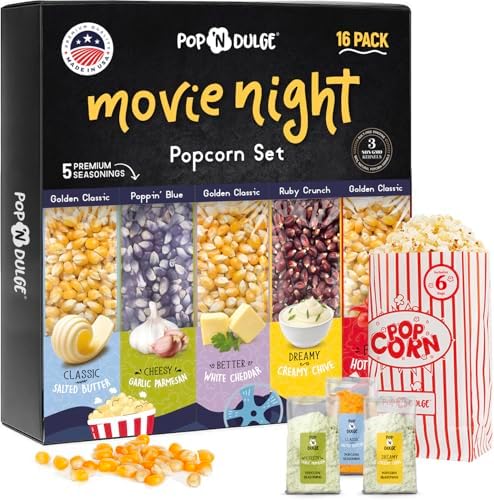 Pop n' Dulge Popcorn Movie Night Supplies 16 pcs Gift Set, 5 Gourmet