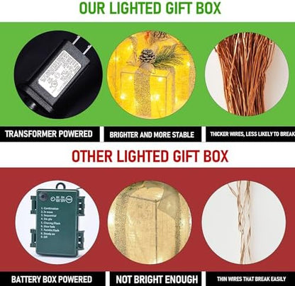 Hourleey Set of 3 Christmas Lighted Gift Boxes, Pre-lit 60 LED Light