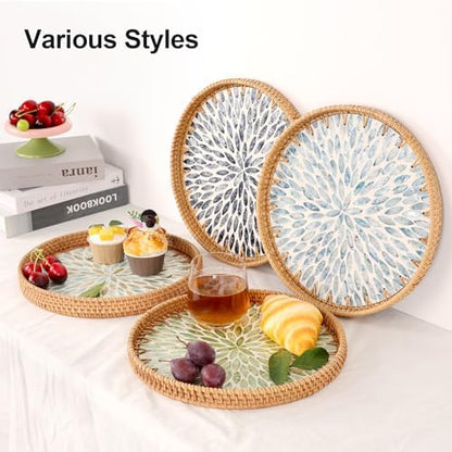 Round Rattan Tray with Mother of Pearl Inlay, Rattan Serving Tray for