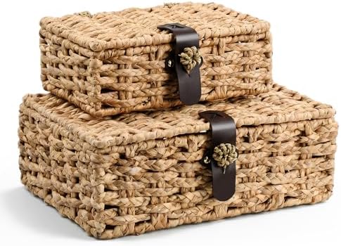 Storage Boxes with Lids, Set of 2 Water Hyacinth Wicker Baskets
