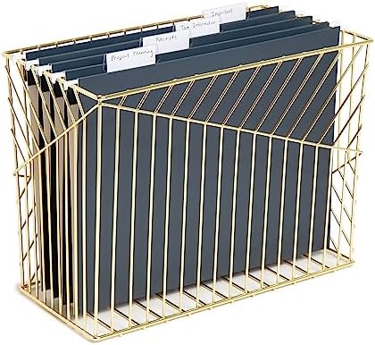 U Brands Wire Metal Hanging File Organizer, Letter Size, Gold Finish