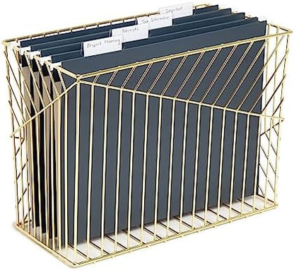 U Brands Wire Metal Hanging File Organizer, Letter Size, Gold Finish