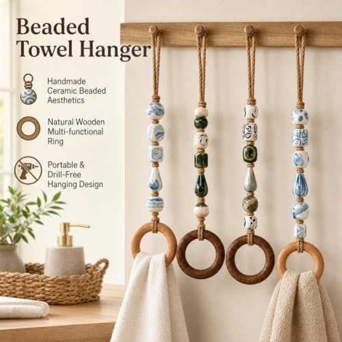 Decorative Beaded Towel Hanger with Wooden Ring - Boho Hand Towel