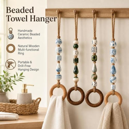 Decorative Beaded Towel Hanger with Wooden Ring - Boho Hand Towel
