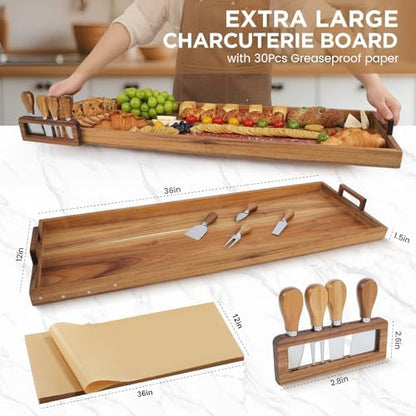 Acacia Wood Large Charcuterie Board 36x12 Inch with Cheese Knife Set