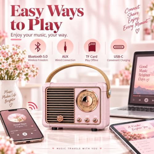 Dosmix Retro Bluetooth Speaker, Vintage Mini Decor Gift for Women Girl