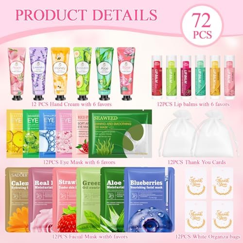 72 Pcs Bulk Gifts For Women, Bulk Facial Mask, Lip Balms, Hand Creams