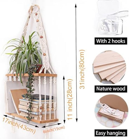 TENEWEE Boho Wall Hanging Shelves Macrame Floating Plant Photos Wood
