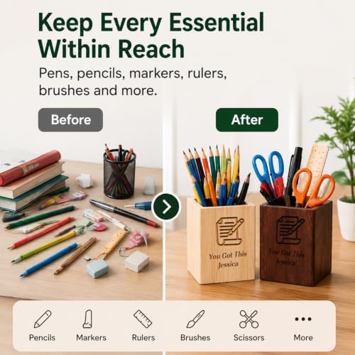 QYH Personalized Pen Holder for Desk, Wooden Pencil Holder Teacher