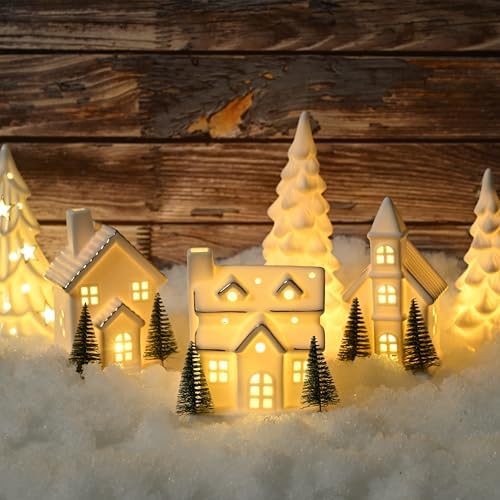 Ceramic White Christmas Village Houses, Light Up Porcelain Village