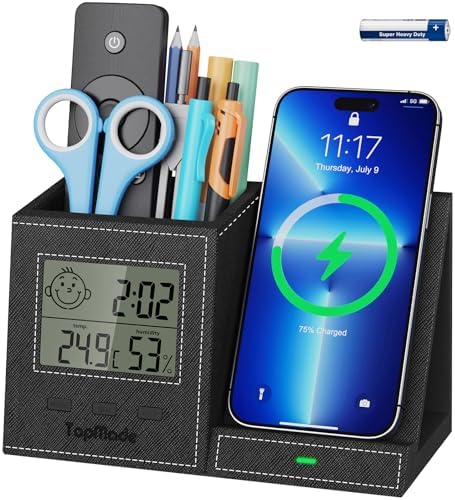 Pen Holder with Wireless Charger, Led Screen Desk Caddy with Digital