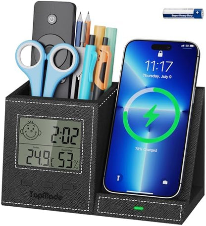 Pen Holder with Wireless Charger, Led Screen Desk Caddy with Digital