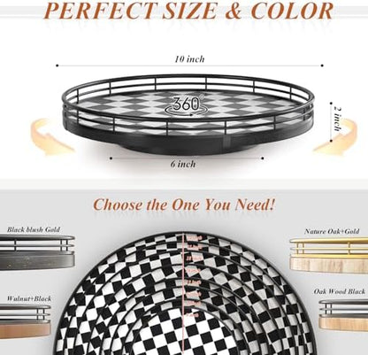 AMH 10-Inch Black and White Checkerboard Lazy Susan with Oak Base