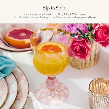 MACKENZIE-CHILDS Stemmed Wine Glass, Pink-and-White Rosy Check