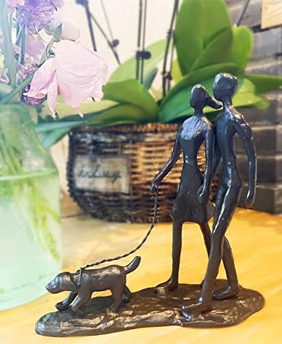 Couple and Dog Cast Iron Sculpture, Romantic Couple Love Metal Art