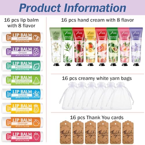 AZEN 16 Sets Bulk Gifts, Hand Cream and Lip Balm Bulk Set with Organza
