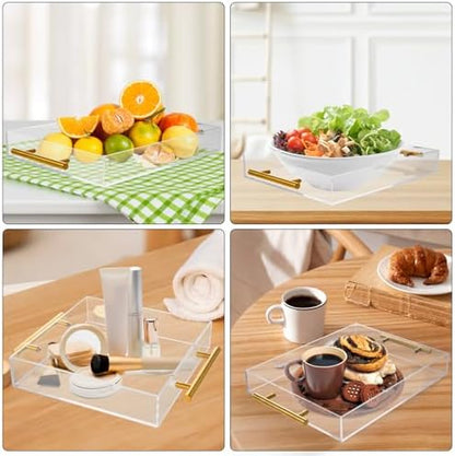 3 Pack Acrylic Serving Tray with Gold Handles, Spill-Proof Acrylic