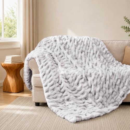 Touchat Ruched Rabbit Faux Fur Throw Blanket,Fluffy Soft Cozy,Tie-dye