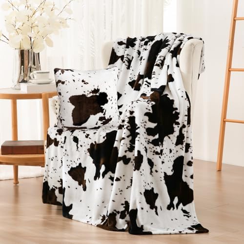Vessia Throw Blanket Cow Black and Brown with Pillow Cover for Couch