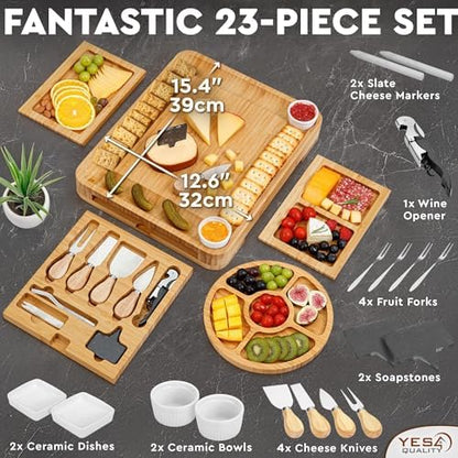 23 pc Charcuterie Board Gift Set, Bamboo, Large, 6 Trays, Knives