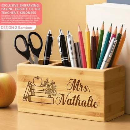 Teacher Appreciation Gifts, Personalized Pen Holder, Solid Wood Desk