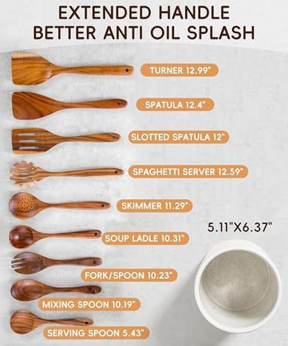Wooden Cooking Utensils Set with Ceramic Holder,Teak Wood Utensils