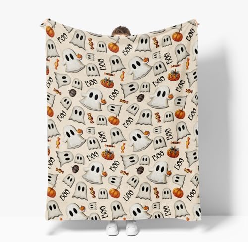 Horaldaily Halloween Beige Pumpkins Candy Ghost Flannel Throw Blanket
