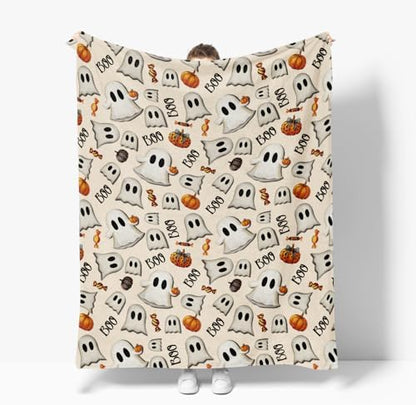 Horaldaily Halloween Beige Pumpkins Candy Ghost Flannel Throw Blanket