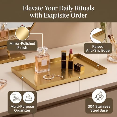 1Pcs Gold Stainless Steel Serving Tray - 12x8 InchRectangular Storage