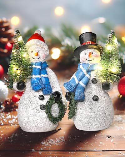 GoGnome Duo 5'' Resin Snowman Figurines with Lighted Christmas Tree