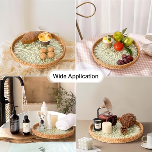 Round Rattan Tray with Mother of Pearl Inlay, Rattan Serving Tray for