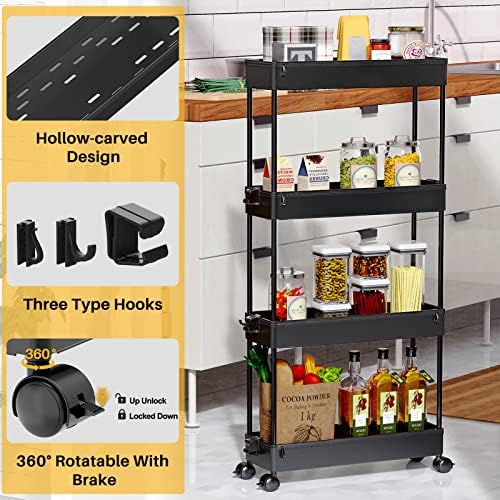 SPACEKEEPER Slim Rolling Storage Cart, 4 Tier Bathroom Cart