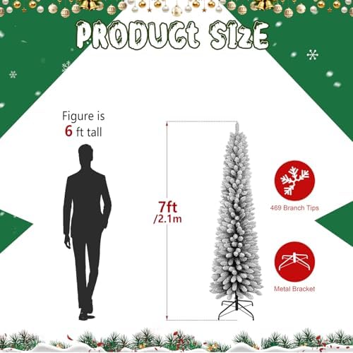 LAMPHOME 7FT Flocked PVC Pencil Tree - 469 Slim Tips, Wrap Design