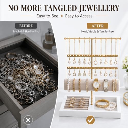 Jewelry Holder Stand with Velvet Tray, 3-Tier Gold Metal Organizer for