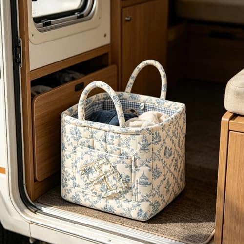Quilted Fabric Storage Baskets with Handles | Boho Floral Organizer