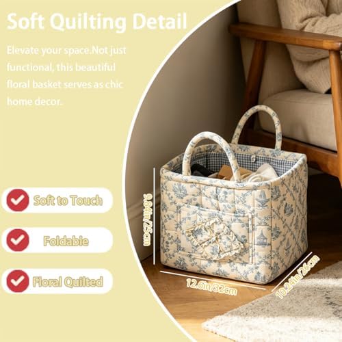 Quilted Fabric Storage Baskets with Handles | Boho Floral Organizer