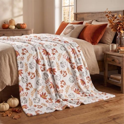 Horaldaily Fall White Pumpkin Orange Leaves Flannel Throw Blanket