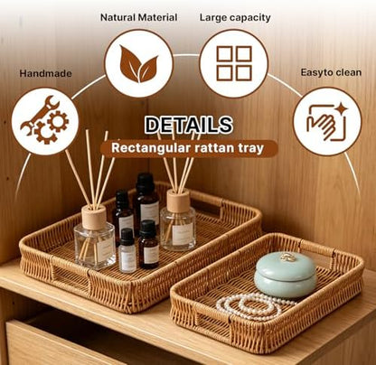 2pcs Woven Baskets Serving Trays with Handles, Rectangular Decorative