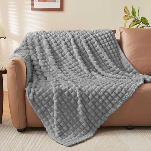 BEDELITE 3D Checked Grey Fleece Throw Blanket for Couch, 50x60 Inches