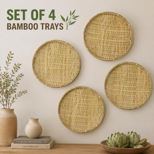ZENFUN 4 Packs Bamboo Basket Tray, 12 In Round Hand Weave Bread