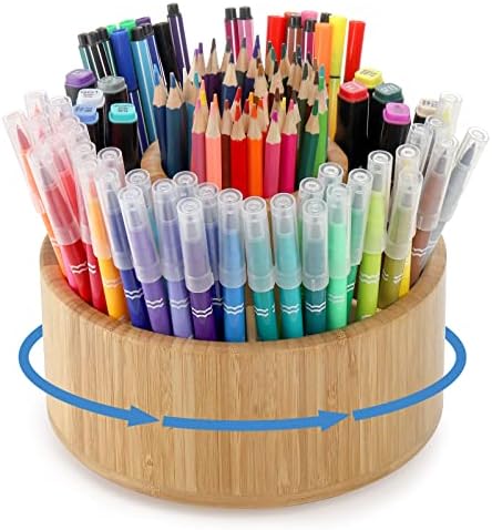 SOUJOY Bamboo Pen Holder Organizer, 360°Rotating Art Supply Organizer