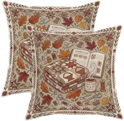 Cozy Autumn Reading Nook Quote Leaves Throw Pillow Covers 12x12 Set of