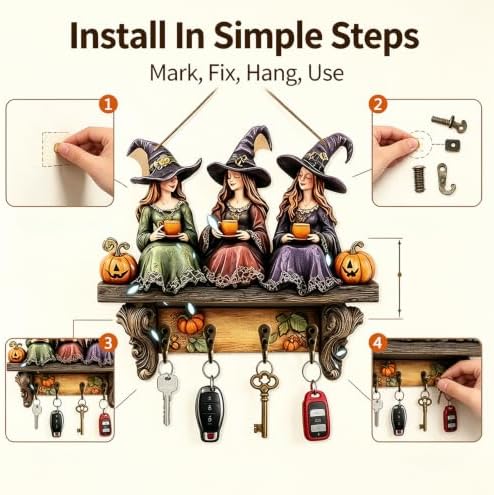 Halloween Witch Key Holder Wall Mount,2D Wooden Wall Decor with 4