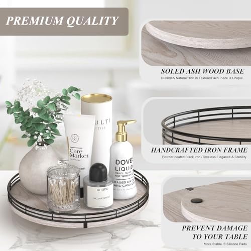 AMH 12-Inch Whitewashed Farmhouse Lazy Susan Tray with Black Metal